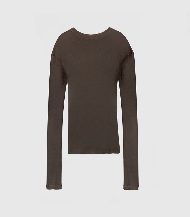 A dark brown long-sleeve crewneck top displayed on a clean, light gray background.