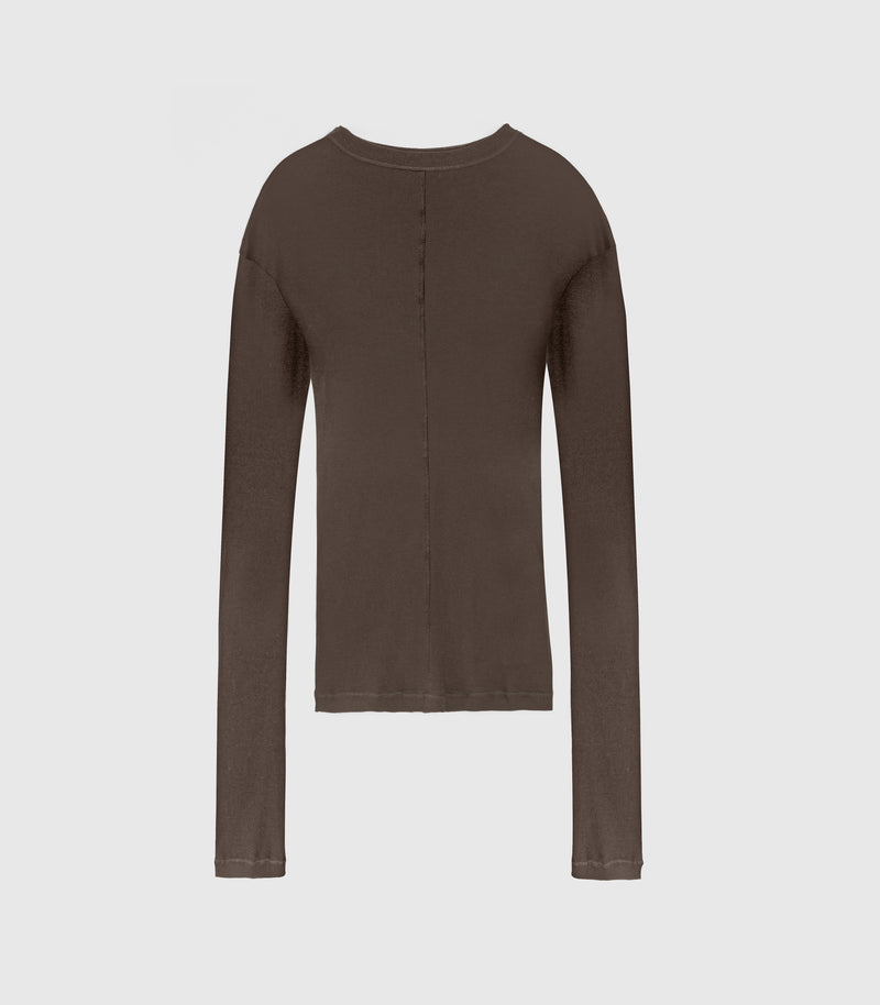 A dark brown long-sleeve crewneck top displayed on a clean, light gray background.