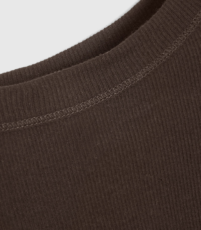 Close-up of a ribbed knit fabric neckline in dark brown, showing the texture and stitching detail against a light gray background.