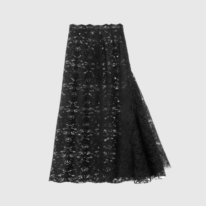 A black lace midi skirt with a sheer tulle overlay and scalloped waistband, shown flat against a white background.