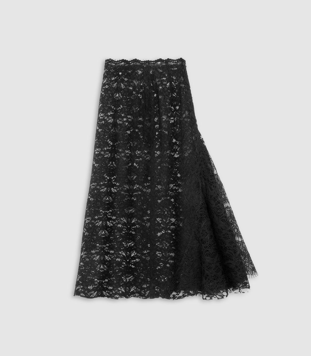 A black lace midi skirt with a sheer tulle overlay and scalloped edges, displayed flat against a light gray background.