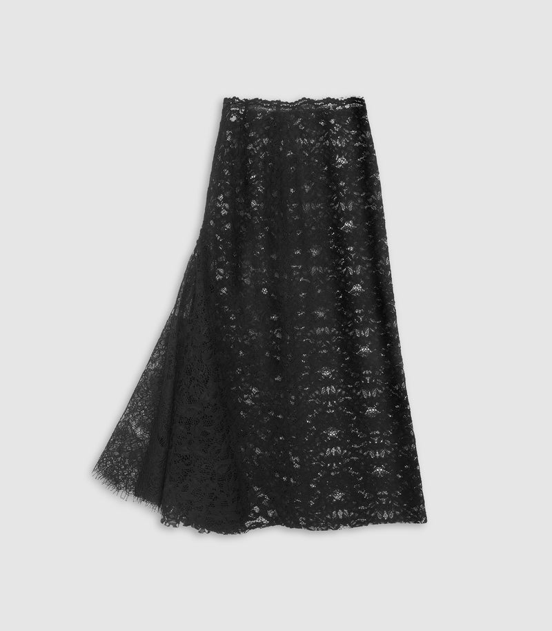 A black lace midi skirt with a subtle floral pattern, displayed against a solid light gray background.