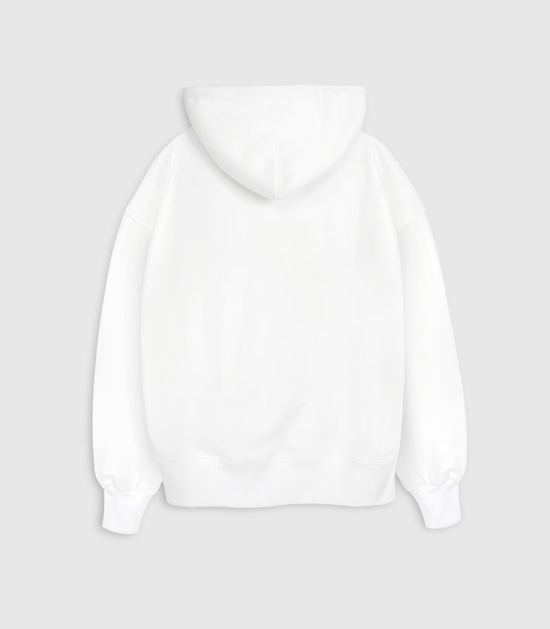 A plain white pullover hoodie shown from the back, photographed against a light gray studio background.