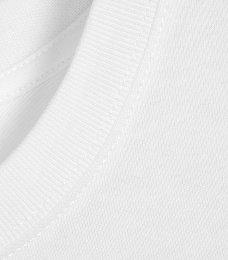Macro close-up product view of a white cotton t-shirt, showcasing the fine ribbed structure of the crew neck collar, clean dual-line tonal topstitching along the neckline seam, and the smooth, premium jersey knit textile weave.