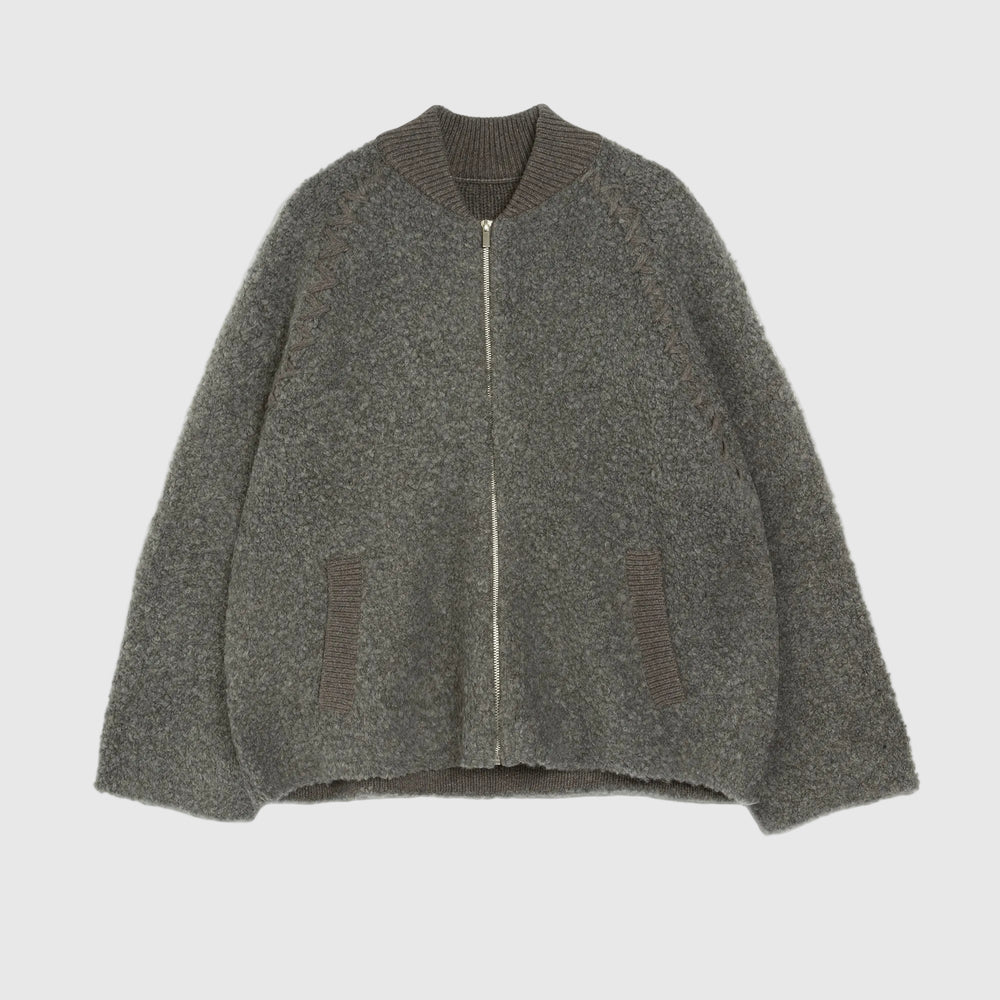 A dark gray textured zip-up jacket with a ribbed knit collar, shown flat against a plain white background.