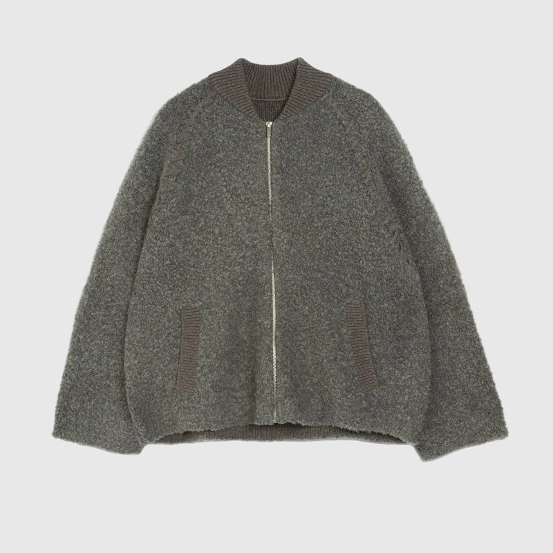 A dark gray textured zip-up jacket with a ribbed knit collar, shown flat against a plain white background.