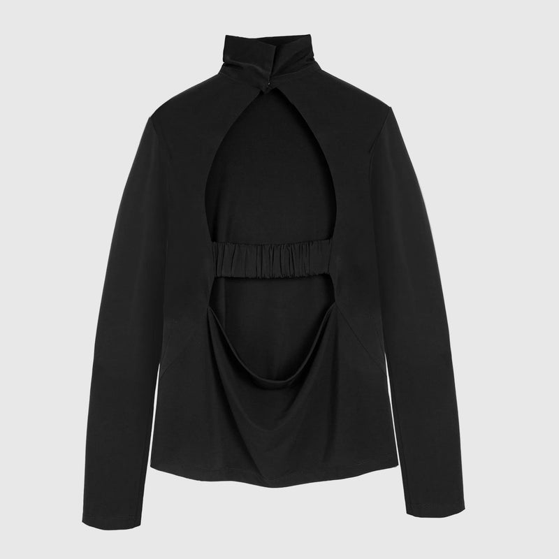 A black long-sleeve top with a high mock neck and a dramatic back cutout, featuring a gathered elastic waistband and draped fabric details, shown against a plain white background.
