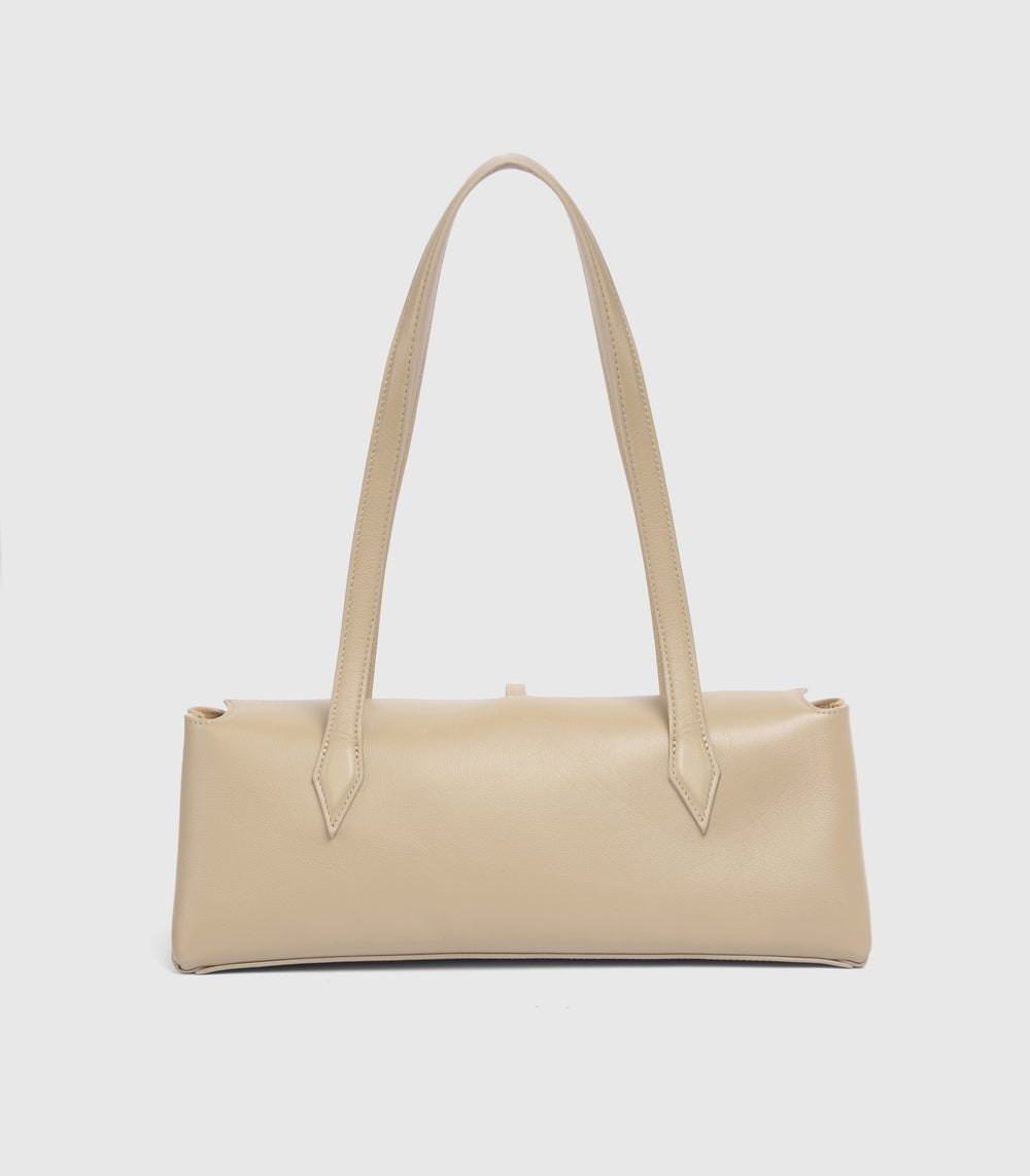 Displays the 'Vera Wang' branded East West Taupe Italian Leather Shoulder Bag