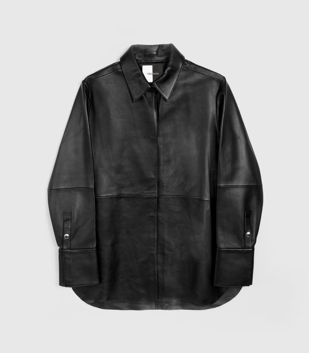 A black leather long-sleeve button-up shirt jacket with a pointed collar and buttoned cuffs, displayed flat against a light gray background.