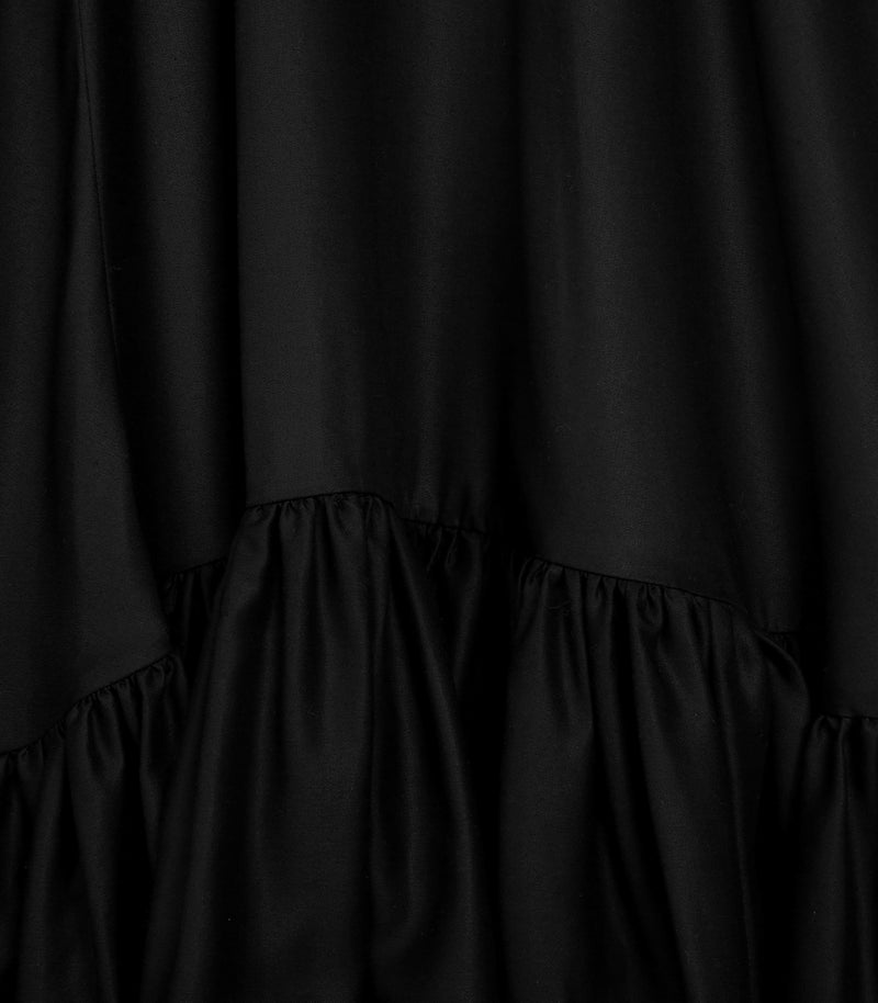 Macro close-up view of the skirt on a black smock dress, highlighting the fine cotton-blend fabric texture and smooth finish. The shot focuses on a dense row of delicate gathers running along a horizontal seam that transitions into a voluminous ruffled tier.