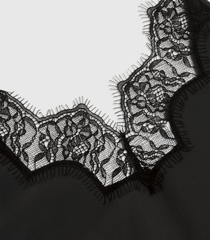Close-up of a black lace trim with floral lace pattern and scalloped edges on a dark fabric background.