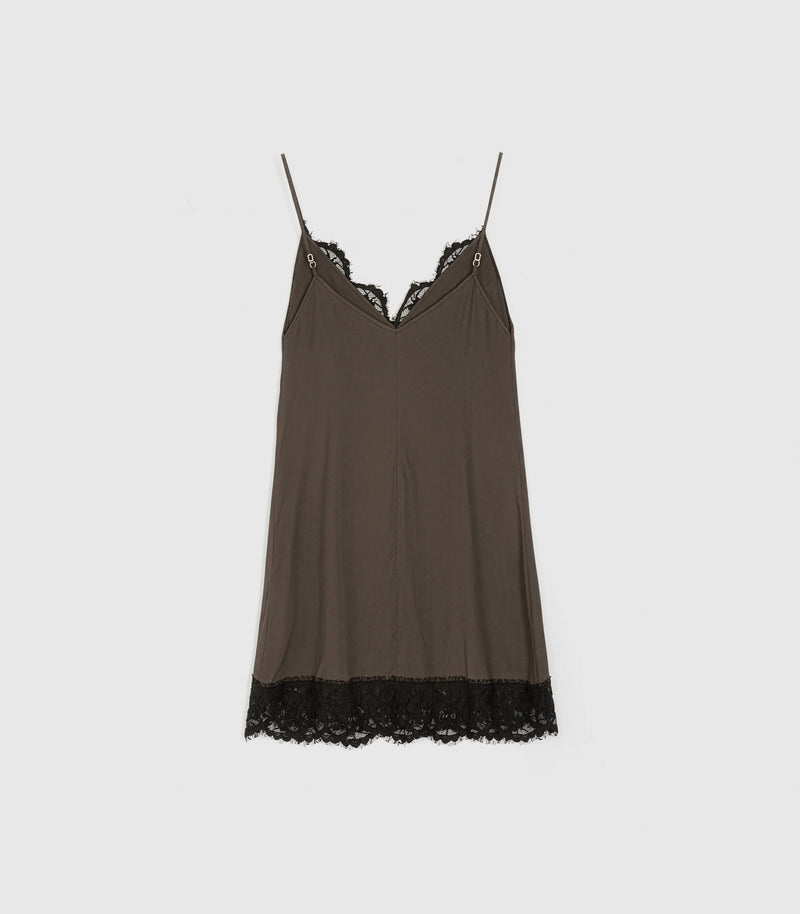 Displays the Sibel Turkish Coffee 'Vera Wang' branded Lace Slip Dress