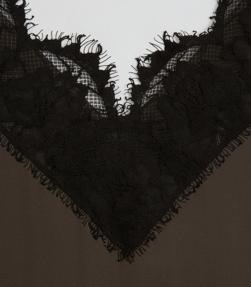 Displays the Sibel Turkish Coffee 'Vera Wang' branded Lace Slip Dress featuring a close up on the details 