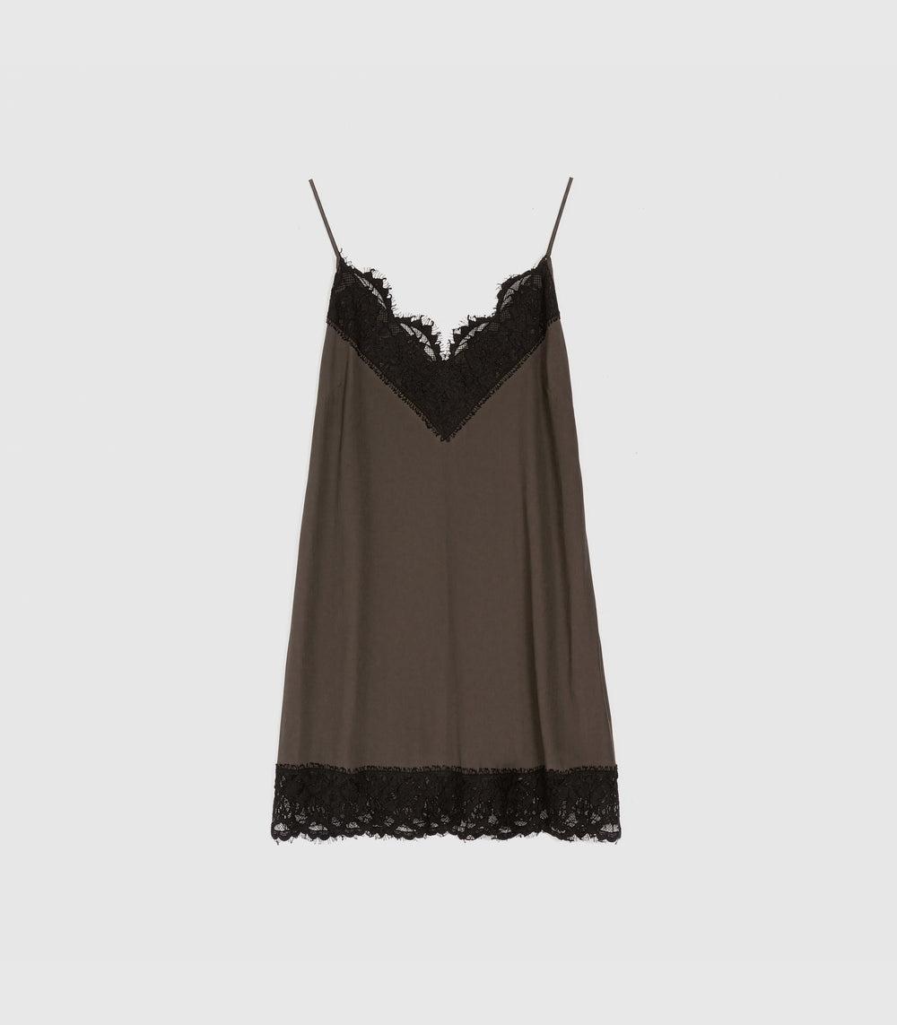 Displays the Sibel Turkish Coffee 'Vera Wang' branded Lace Slip Dress