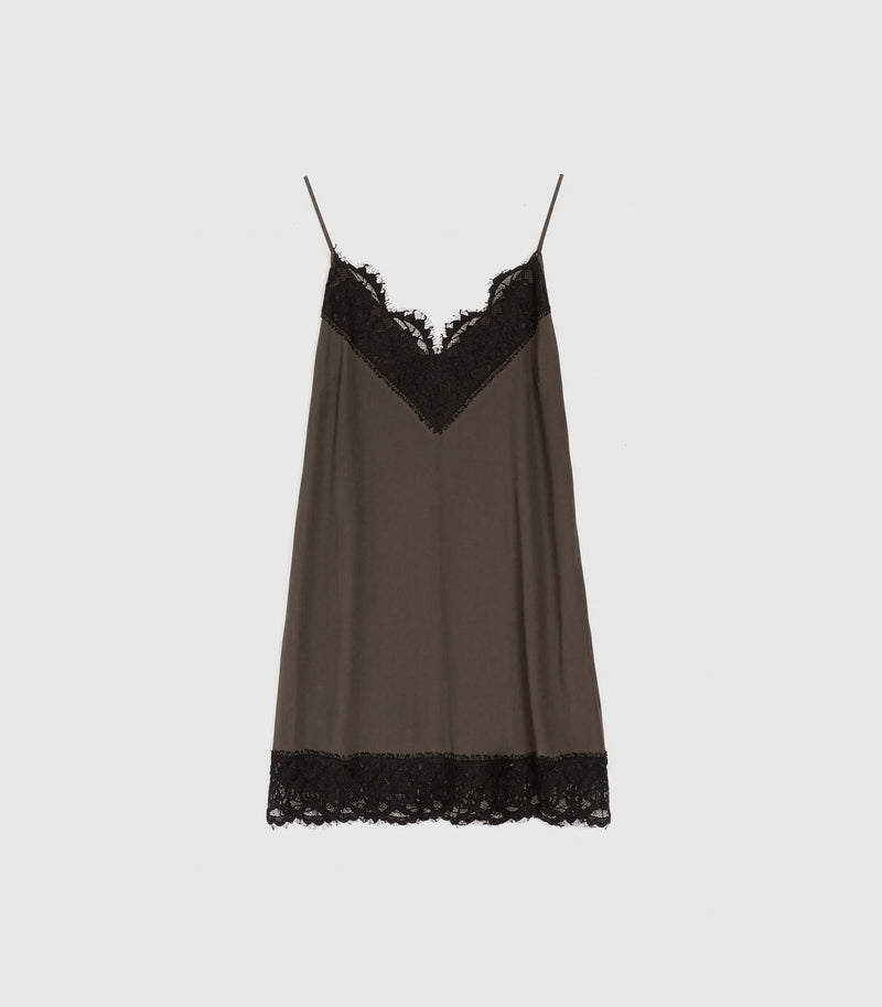 Displays the Sibel Turkish Coffee 'Vera Wang' branded Lace Slip Dress