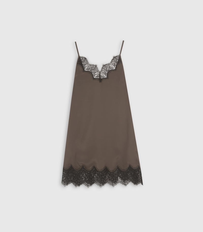 A brown satin slip dress with black lace trim at the neckline and hem, displayed flat against a light gray background.