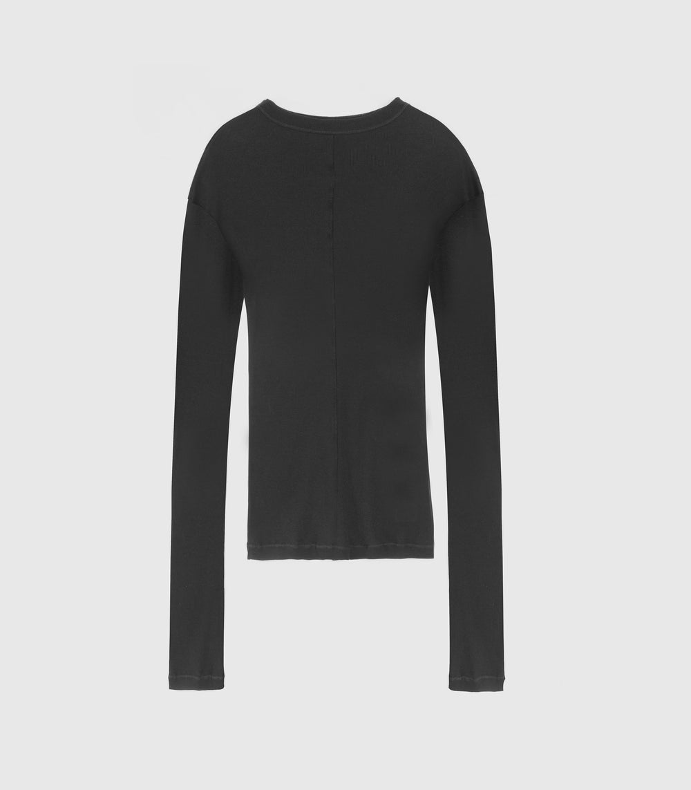 A black long-sleeve crewneck top displayed on a clean, light gray background.