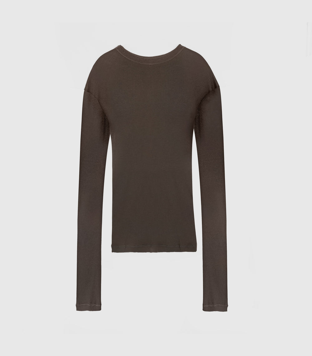 A dark brown long-sleeve crewneck top displayed on a clean, light gray background.