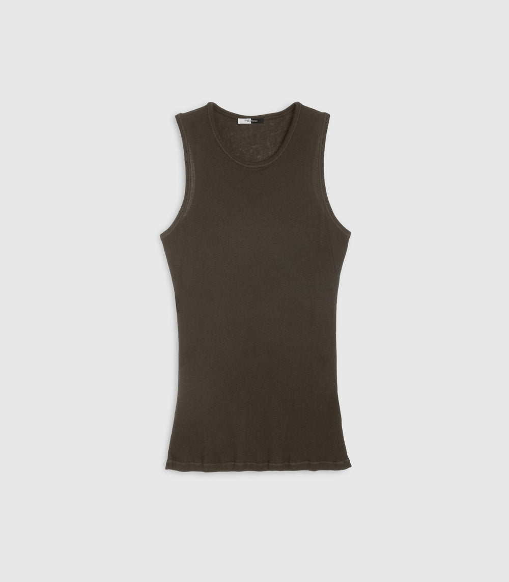 A sleeveless crew-neck tank top in a dark brown color, displayed flat against a light gray background.