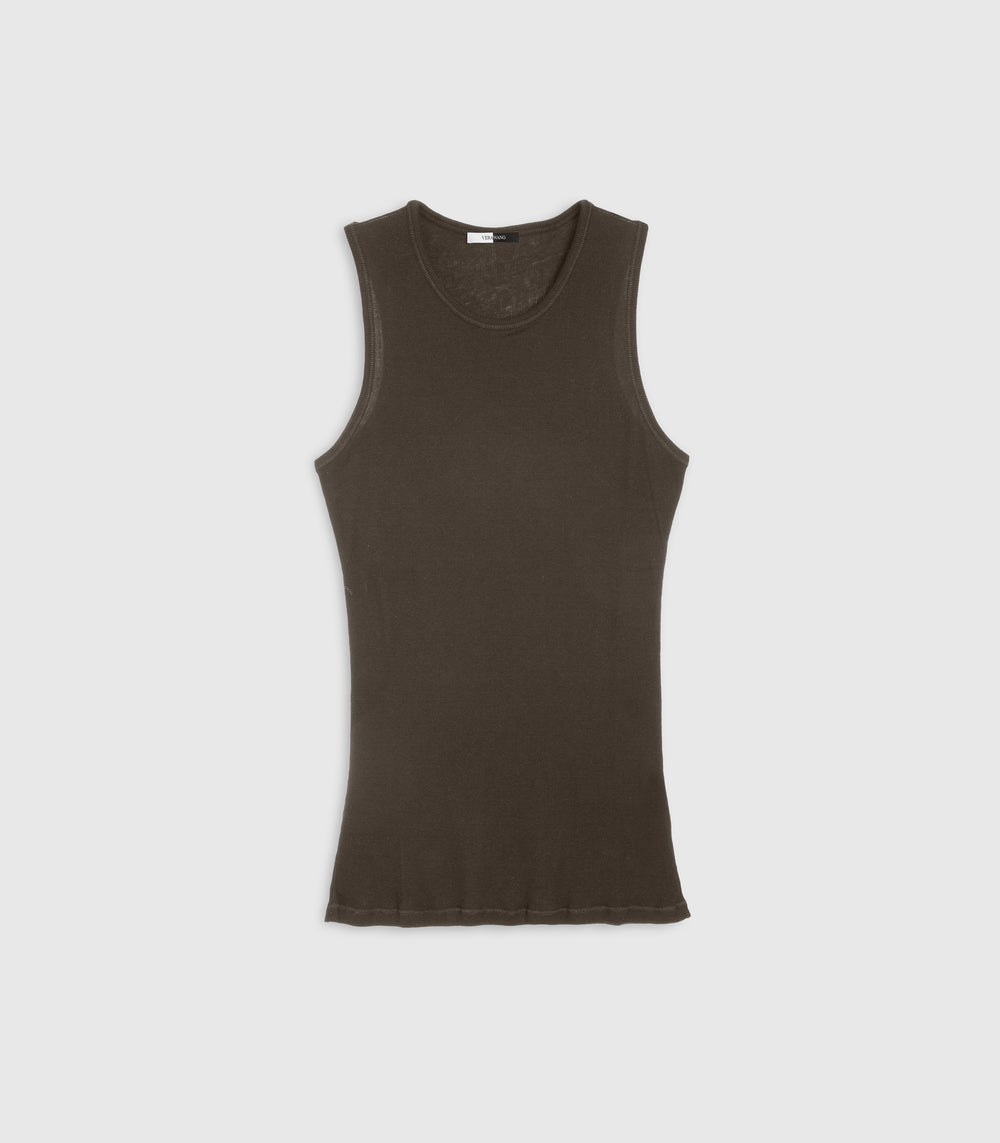 A sleeveless crew-neck tank top in a dark brown color, displayed flat against a light gray background.