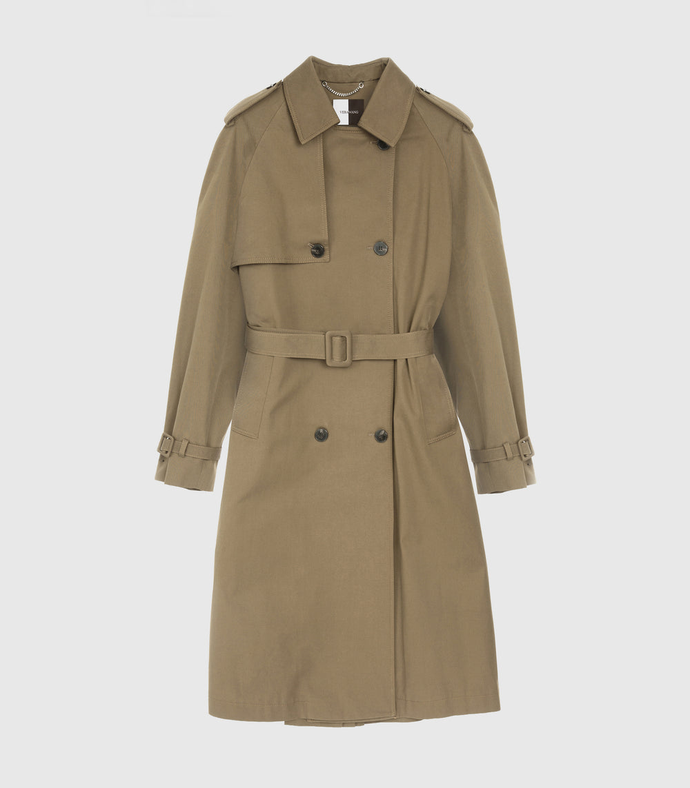 A classic double-breasted trench coat in khaki beige, featuring a matching waist belt with a buckle, shown against a light gray background.