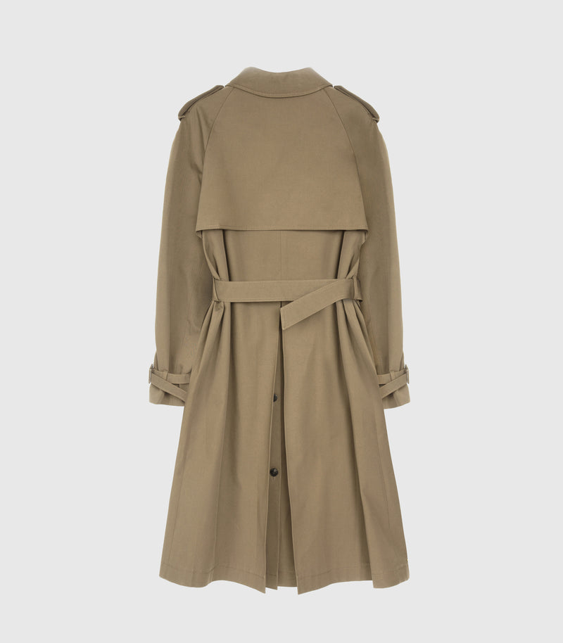 A classic trench coat in a warm khaki beige color, shown from the back against a light gray studio background.