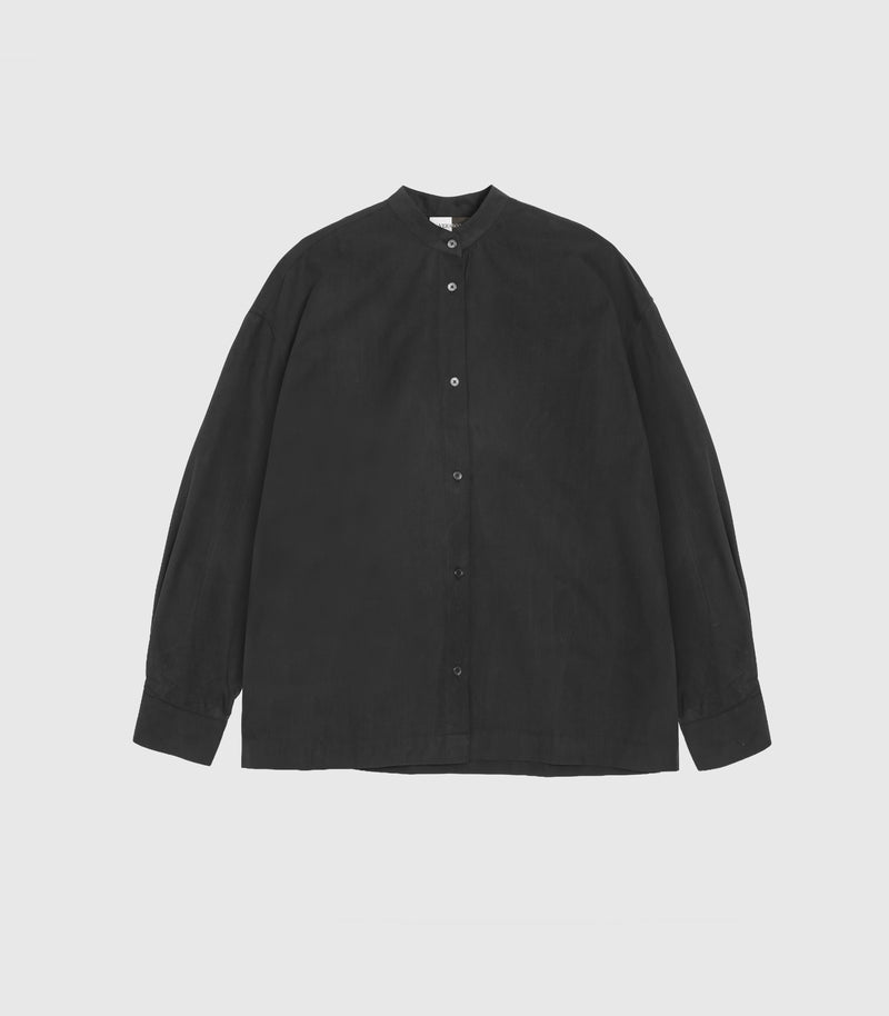 A black long-sleeve button-up shirt with a band collar, laid flat against a light gray background.