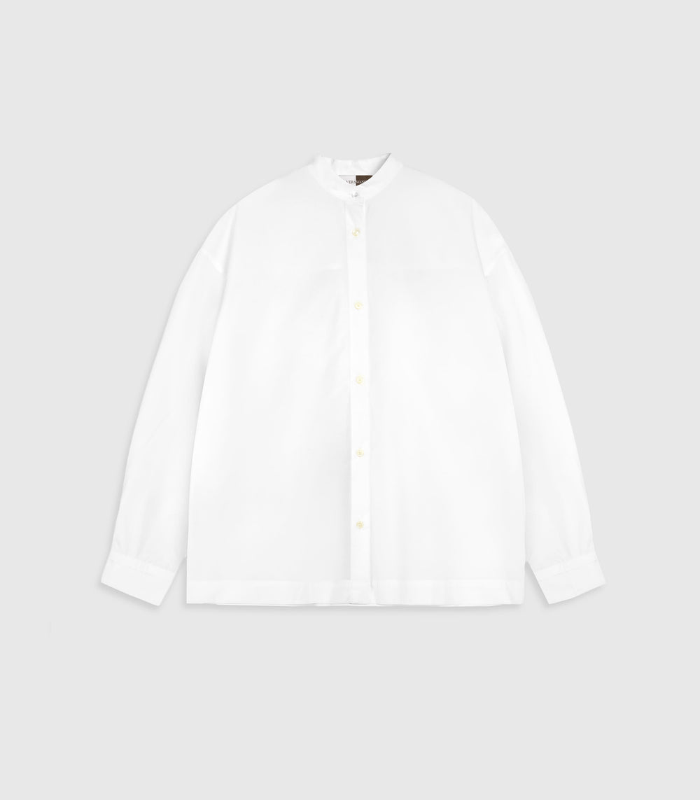 A white long-sleeve button-up shirt with a mandarin collar, laid flat against a light gray background.