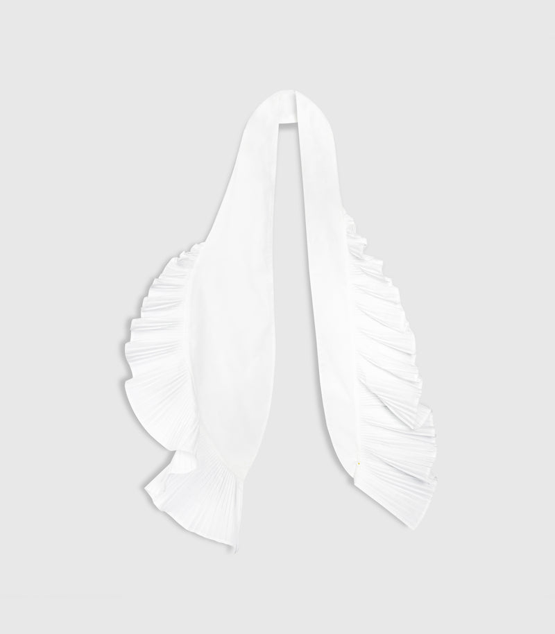 A white pleated scarf with ruffled trim, displayed against a solid light gray background.