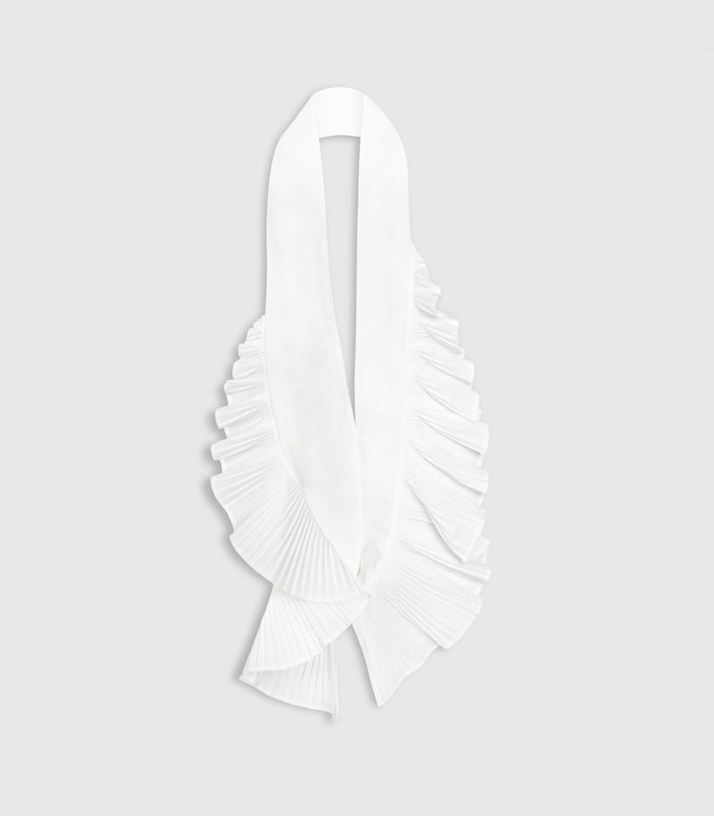 A white pleated scarf with layered ruffles, displayed on a neutral light gray background.