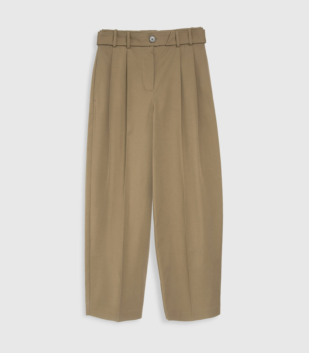 A pair of high-waisted, wide-leg trousers in a warm khaki beige color, featuring a matching fabric belt with a single silver button closure, displayed against a light gray background.
