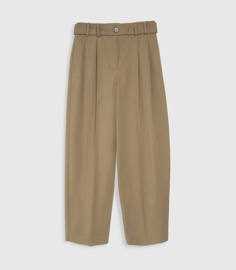 A pair of high-waisted, wide-leg trousers in a warm khaki beige color, featuring a matching fabric belt with a single silver button closure, displayed against a light gray background.