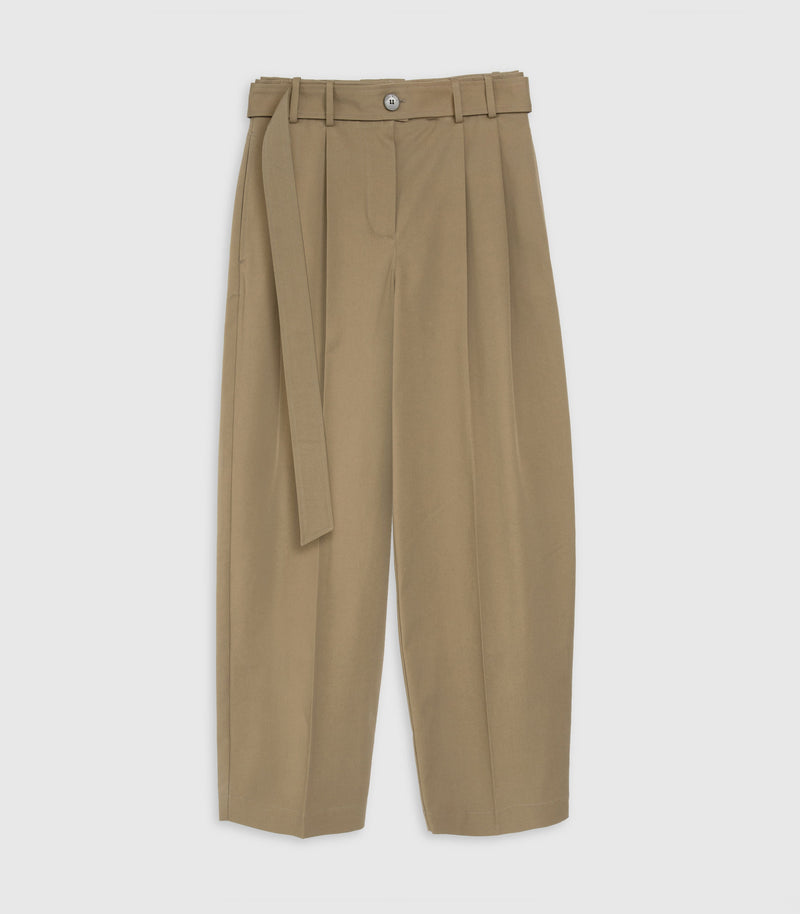 A pair of high-waisted, wide-leg trousers in a warm khaki beige color, featuring a matching fabric tie belt at the waist and a single button closure at the top, shown against a light gray background.