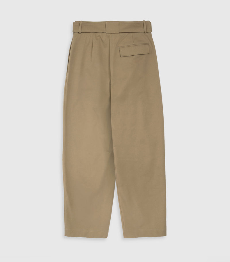A pair of khaki trousers shown from the back, featuring a belt loop, a welt pocket on the right side, and a straight-leg fit, displayed against a light gray background.