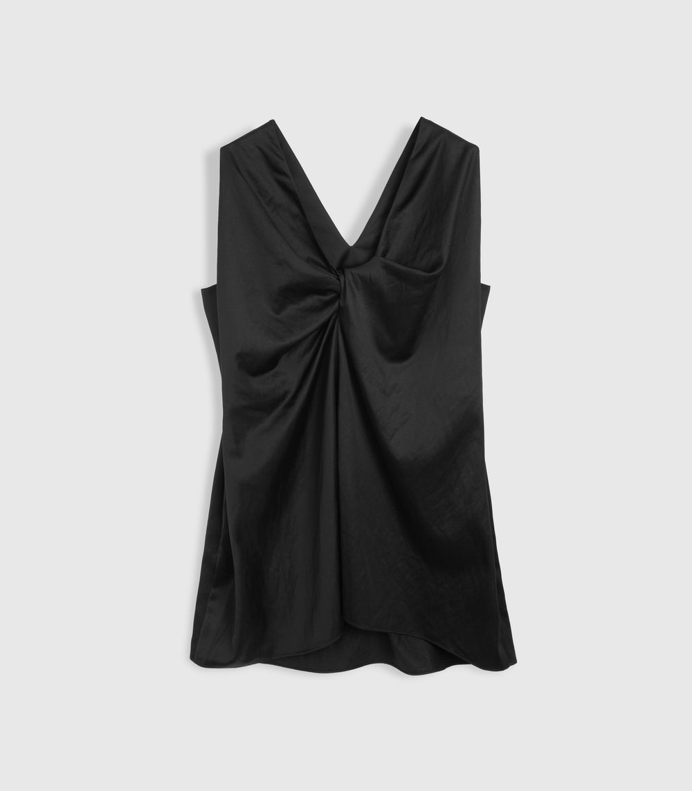A black sleeveless top with a draped V-neckline and gathered front detail, shown against a light gray background.