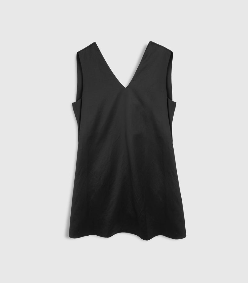 Rear view of a black sleeveless mini-dress with a V-neckline on the back, against a white background