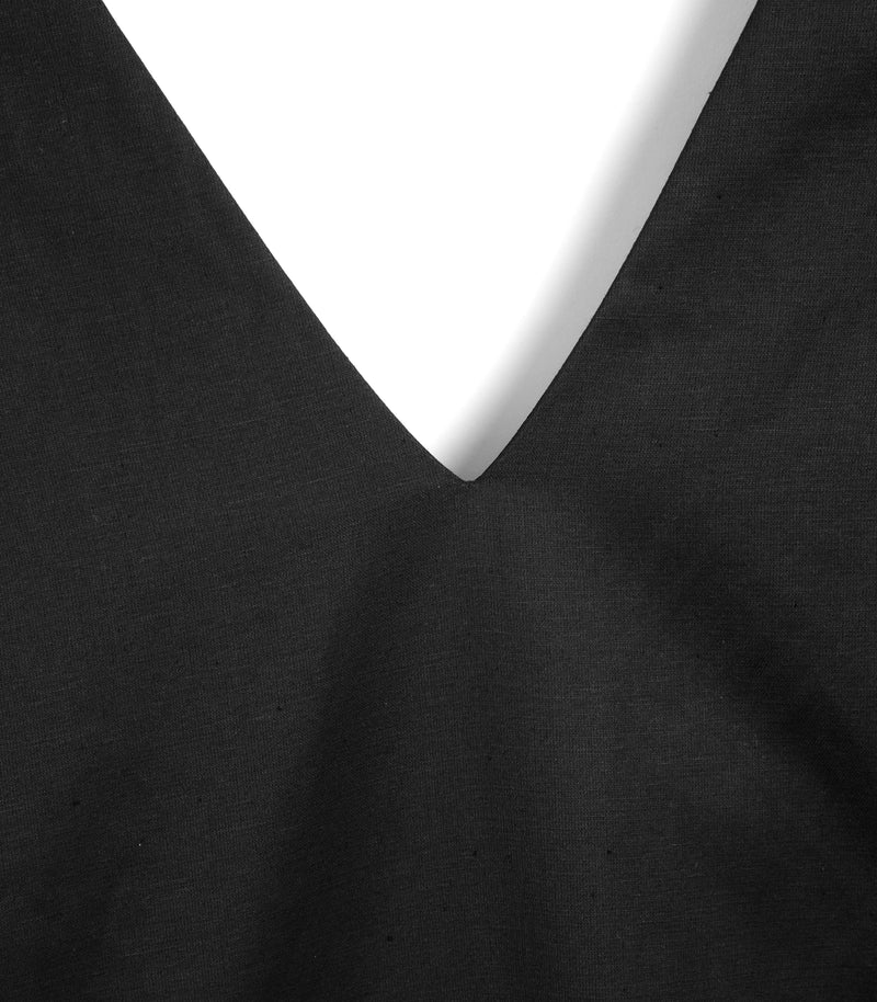 Close-up of a black V-neck fabric garment, showing the neckline and soft fabric folds against a white background.
