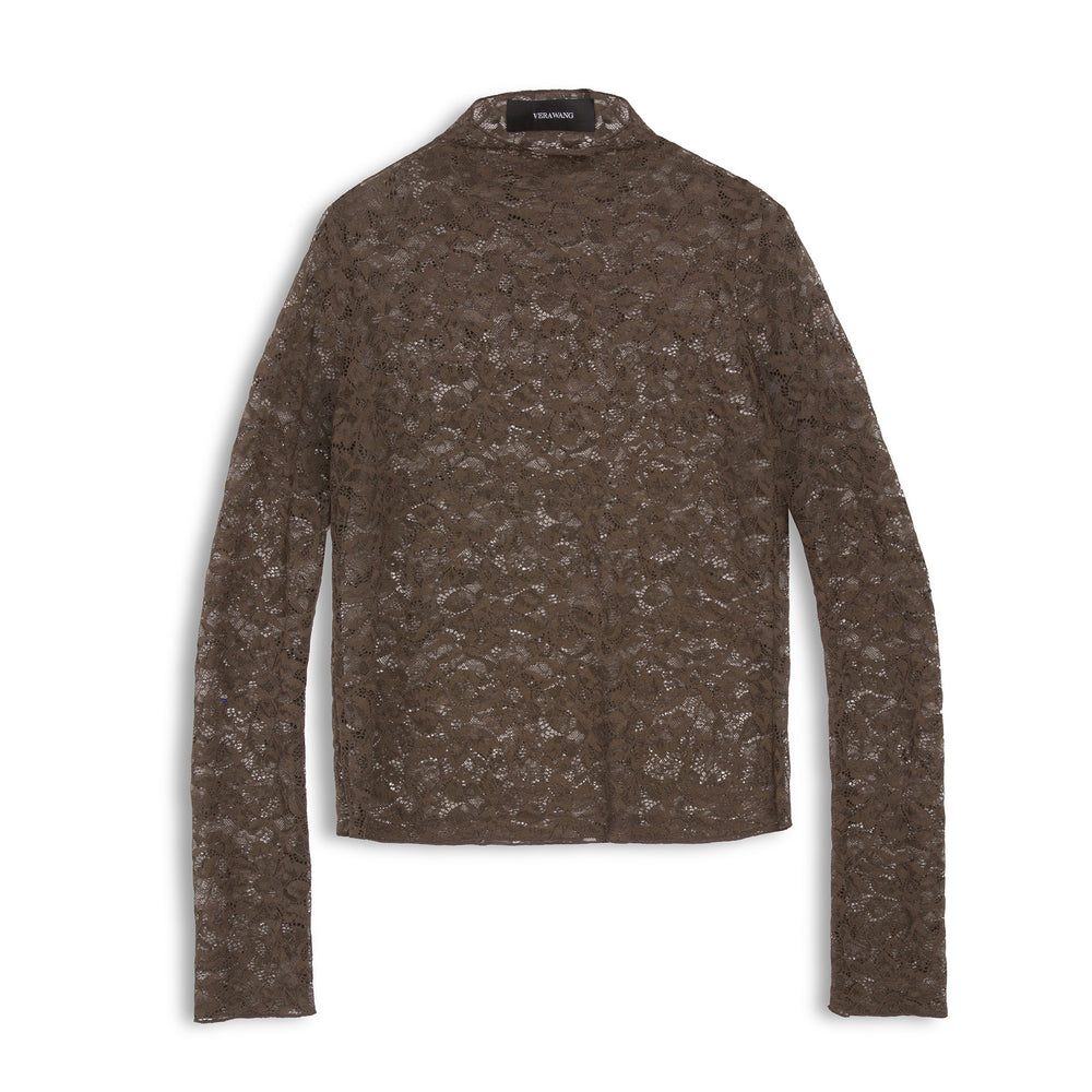 Brown patterned lace long-sleeve shirt on a white background